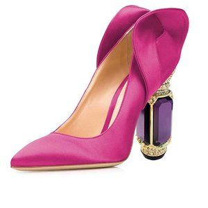 FSJ Fuchsia Bridal Pointed Toe Chunky Block Low Heel Crystal Pumps Dress Shoes